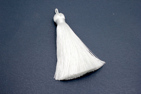 white tassel, silky nylon, 3.5 inches, sold as 1 piece.